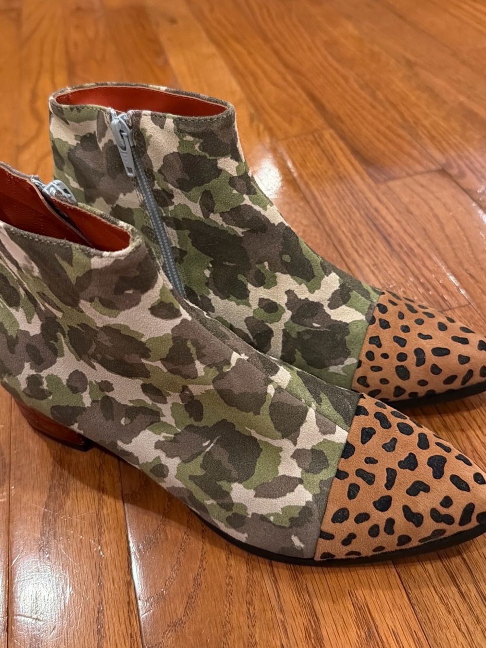 Camo Suede Ankle Boots with Leopard-Print Toe - Women's Green/Tan